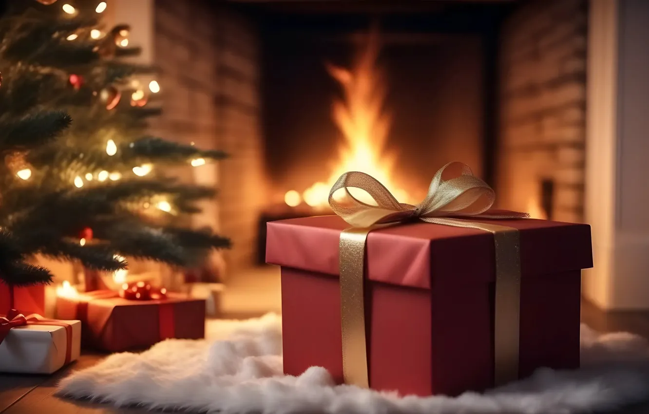 Photo wallpaper decoration, room, gift, balls, tree, new year, Christmas, fireplace