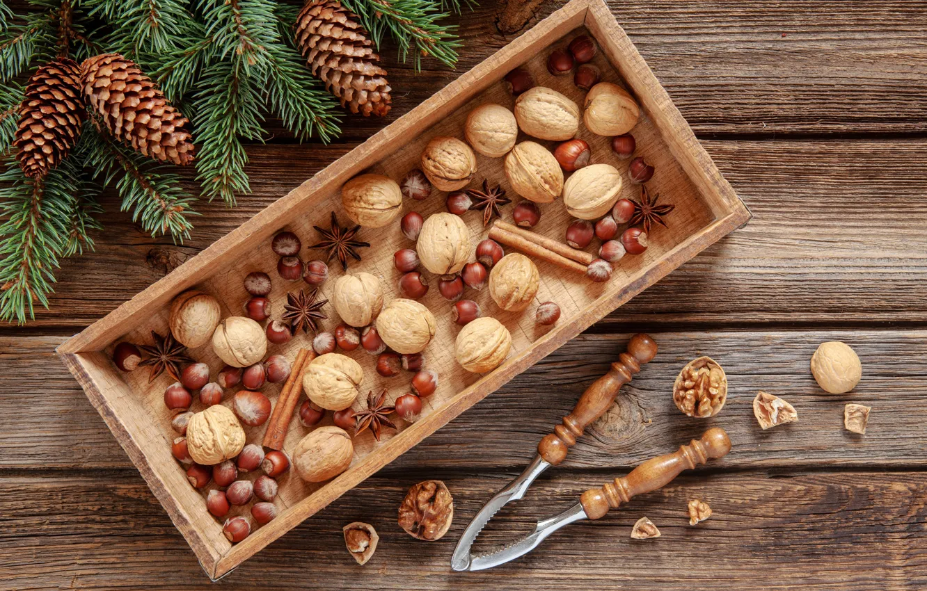 Photo wallpaper decoration, new year, Christmas, nuts, Christmas, wood, New Year, nuts