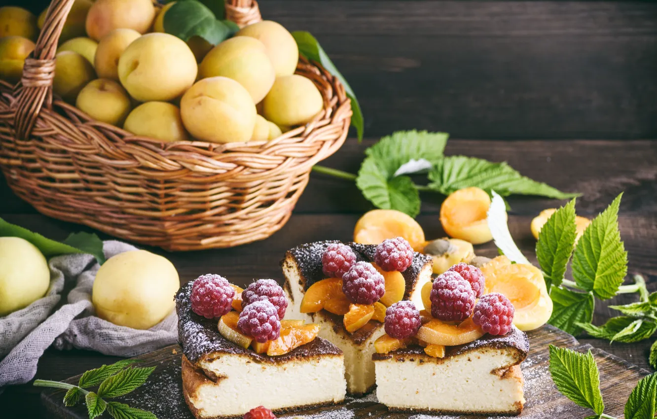 Photo wallpaper raspberry, pie, basket, cakes, apricots, cheese, casserole
