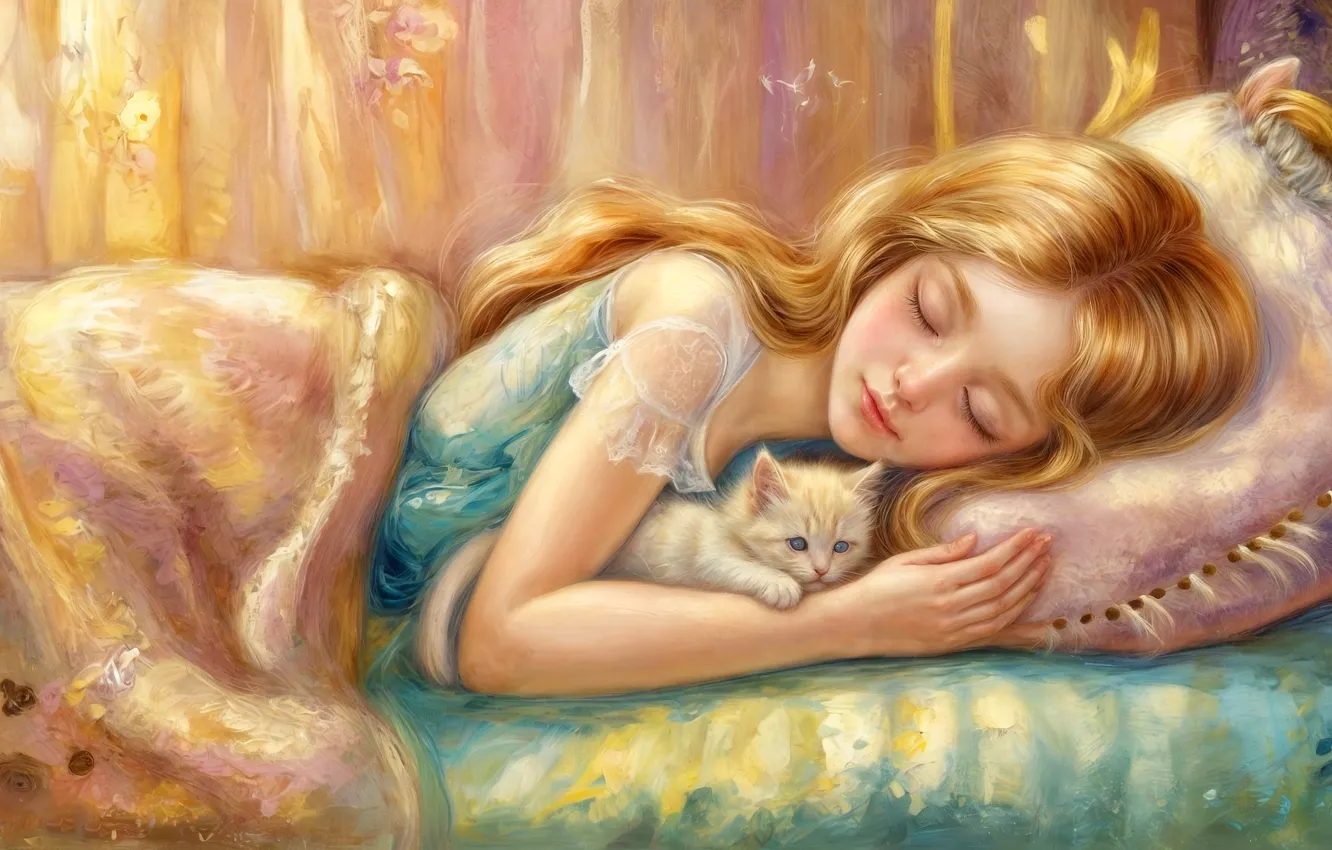 Photo wallpaper cat, girl, kitty, sleep, portrait, blonde, sleeping, girl