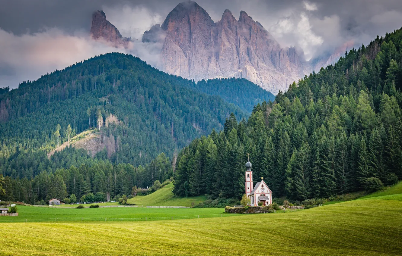 Photo wallpaper field, forest, clouds, mountains, rocks, tops, ate, Alps