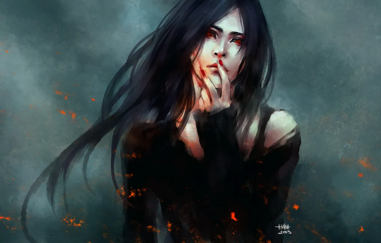 Photo wallpaper girl, fire, blood, gesture, art, nanfe