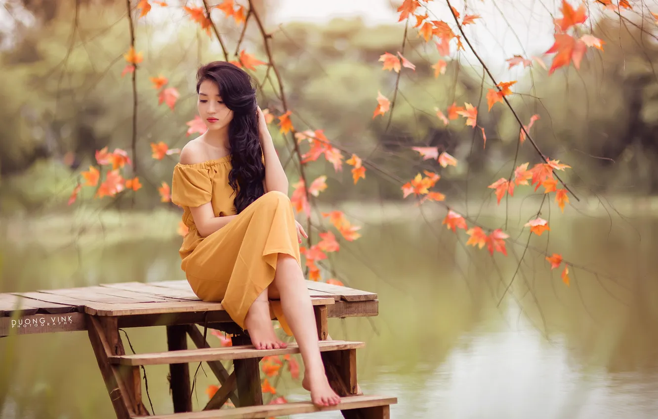 Photo wallpaper barefoot, brunette, Asian, cutie, long hair, pond, beautiful girl, Nega