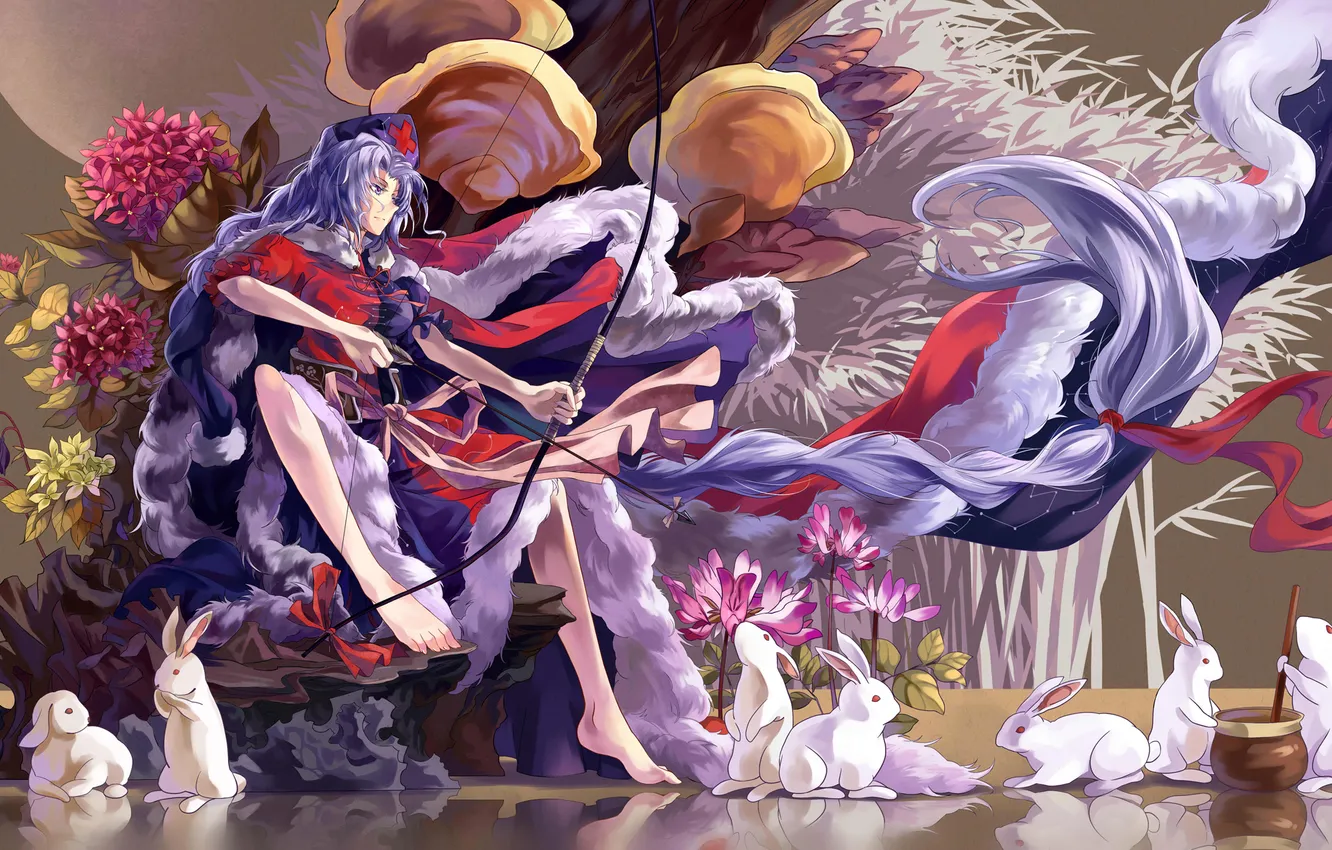 Photo wallpaper girl, trees, flowers, abstraction, cross, rabbit, bow, art