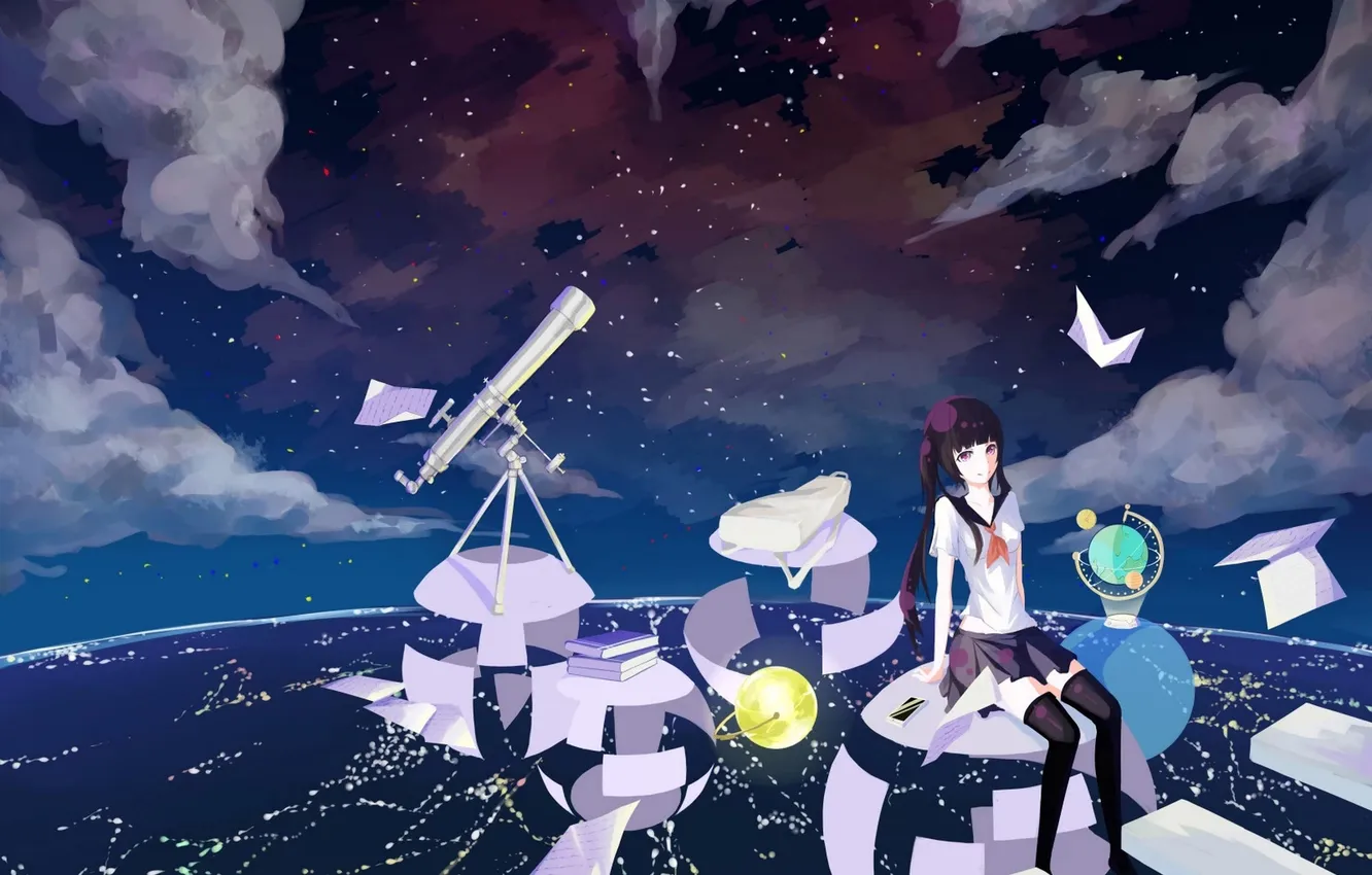 Photo wallpaper the sky, girl, stars, clouds, the city, home, anime, art