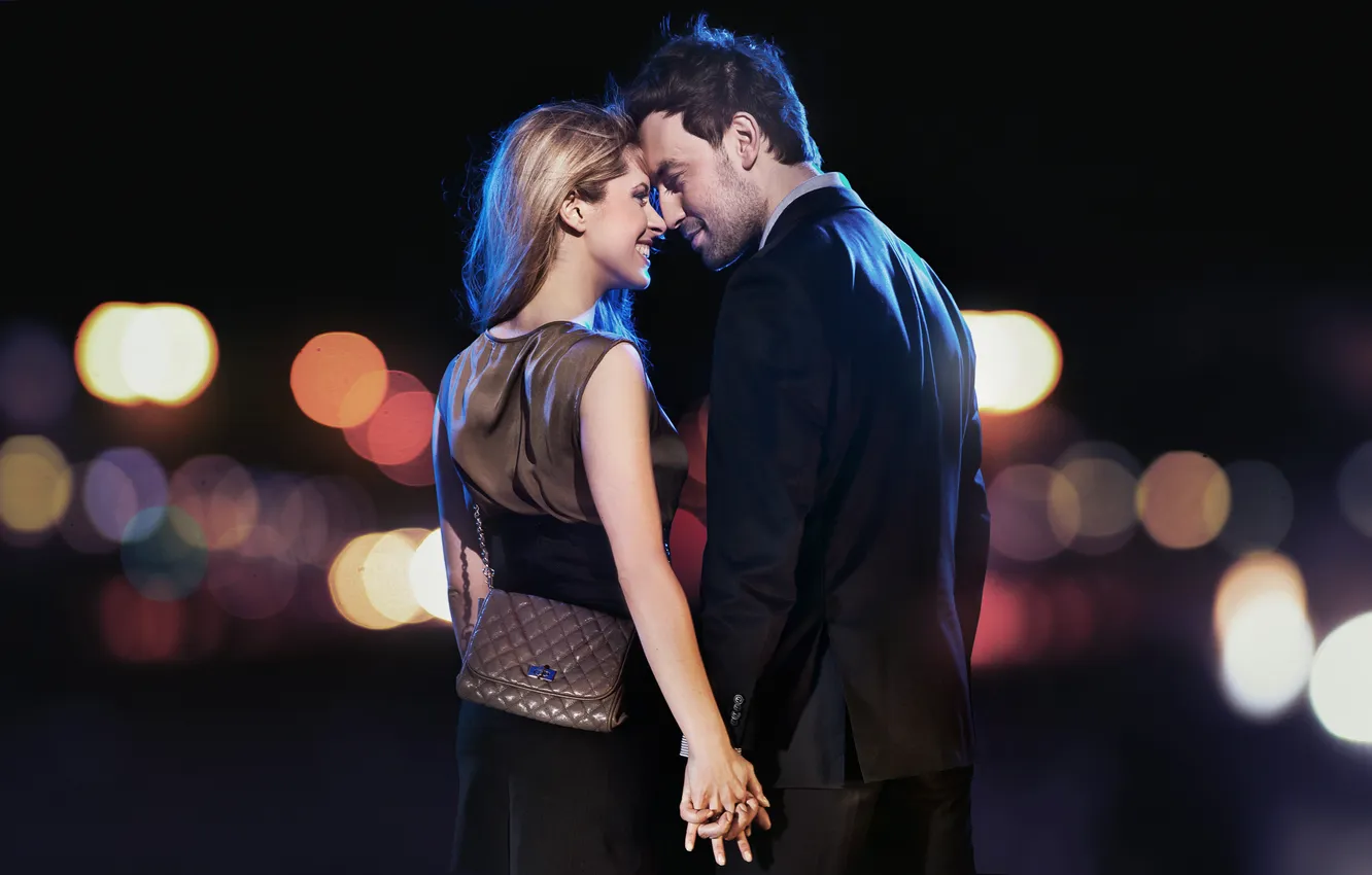 Photo wallpaper girl, joy, smile, the evening, blonde, pair, touch, guy