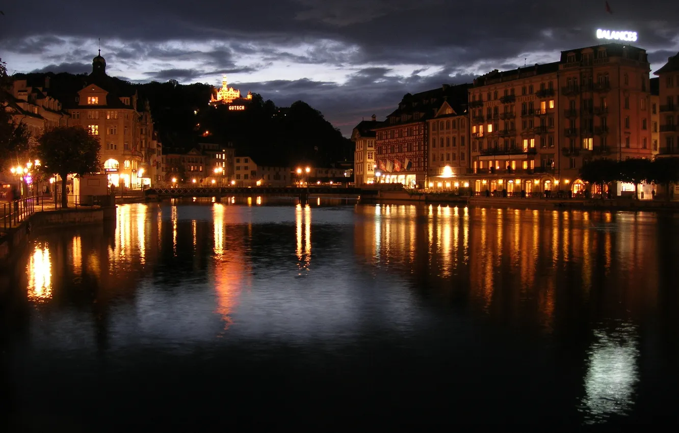 Photo wallpaper night, river, street, Switzerland