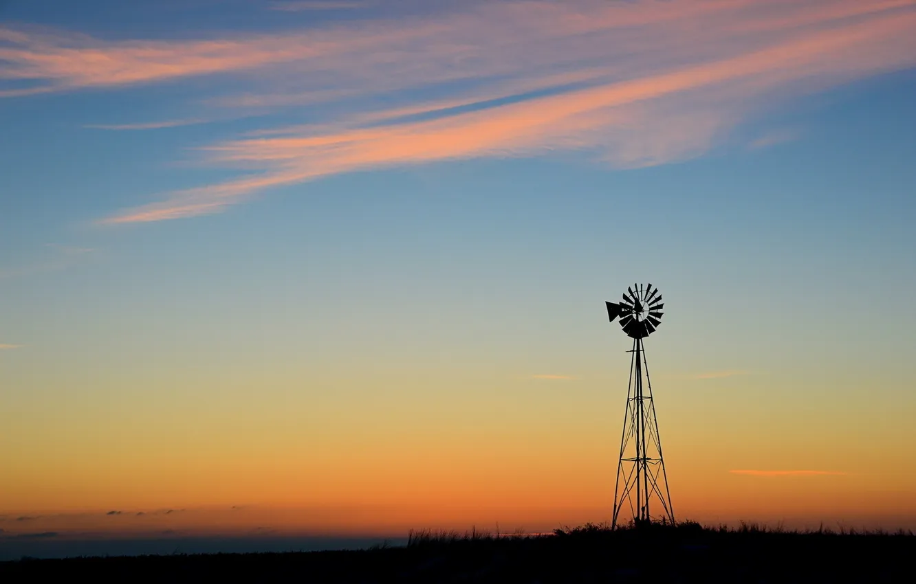 Photo wallpaper the sky, sunset, windmills