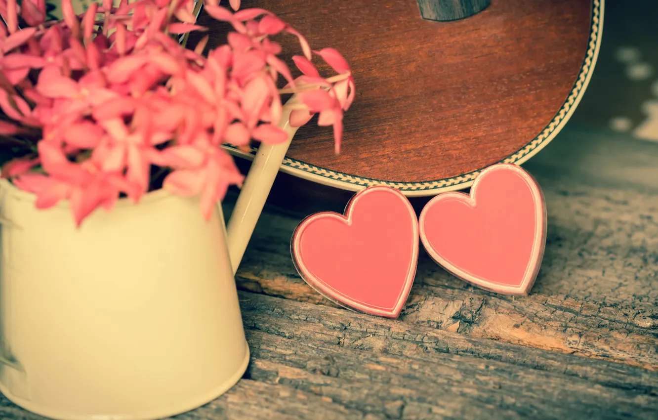 Photo wallpaper flowers, heart, guitar, love, pink, vintage, heart, romantic