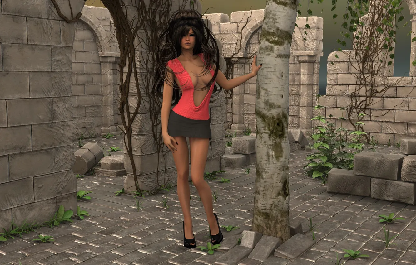 Photo wallpaper girl, trees, wall