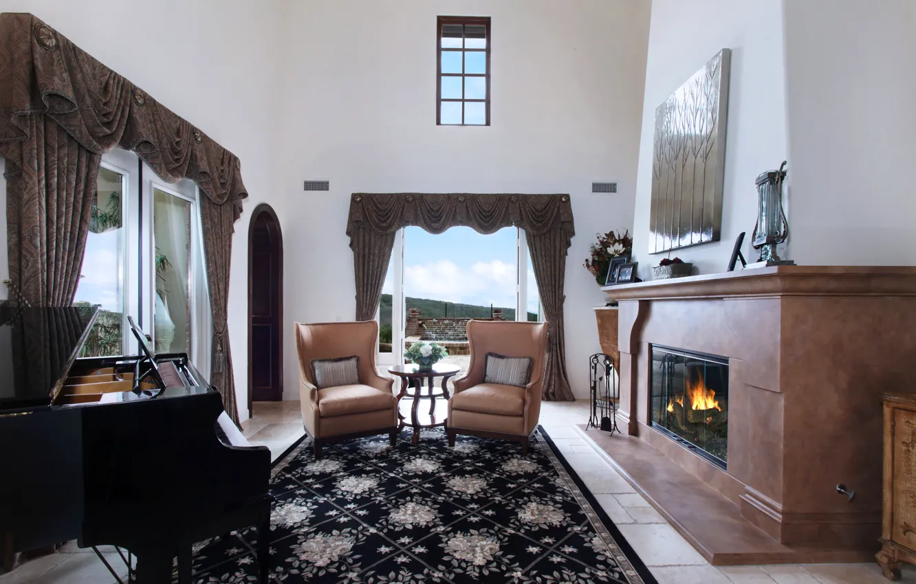 Photo wallpaper design, style, carpet, Villa, chair, piano, window, fireplace