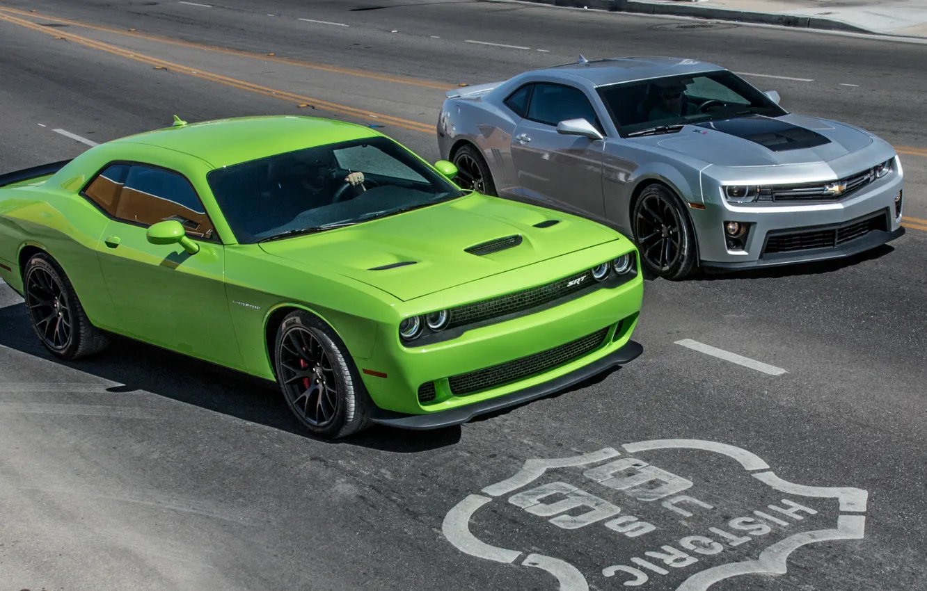 Photo wallpaper Dodge Challenger, Chevrolet Camaro, Muscle
