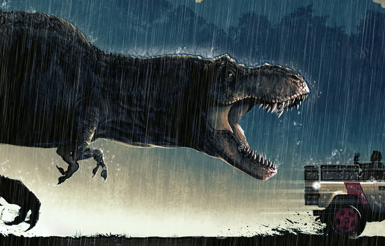Photo wallpaper rain, night, dual monitor, jurassic park, movie, dual screen, TRex, 1993