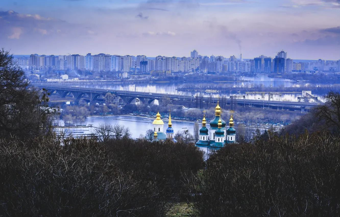 Photo wallpaper winter, bridge, Garden, Ukraine, the monastery, dome, Kiev, Dnepr