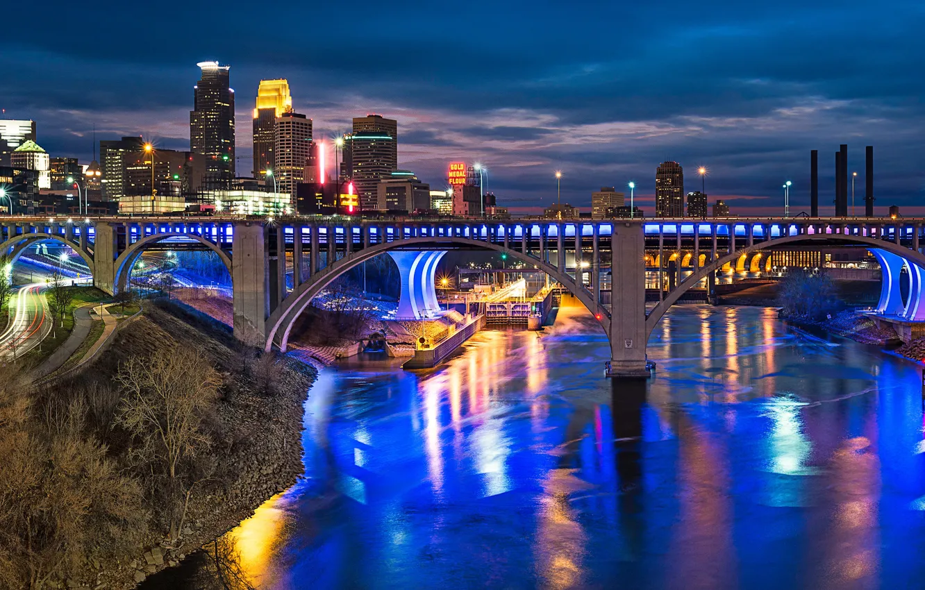 Photo wallpaper road, bridge, river, building, skyscrapers, panorama, night city, Mn