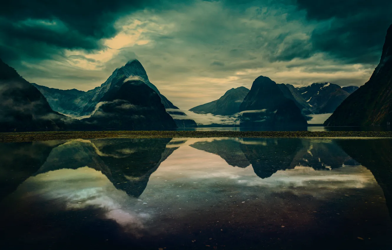 Photo wallpaper New Zealand, water, island, morning, reflection, Milford Sound, Aotearoa, moundtains