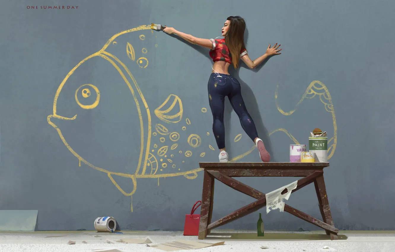 Photo wallpaper Girl, Figure, Paint, Fish, Art, Art, Repair, Nikolai Litvinenko