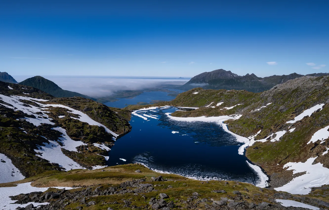 Photo wallpaper the sky, snow, mountains, lake, Norway, The Lofoten Islands