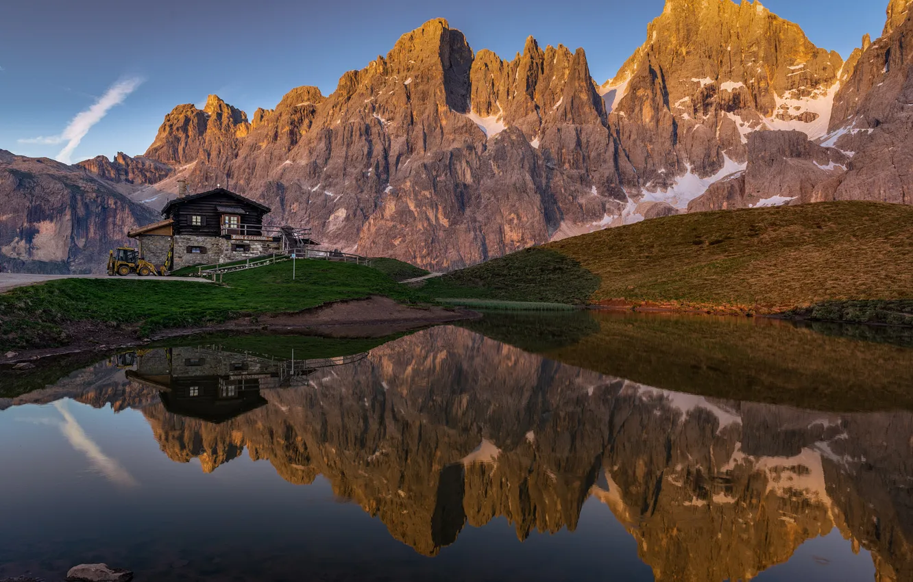 Photo wallpaper landscape, mountains, lake, reflection, house
