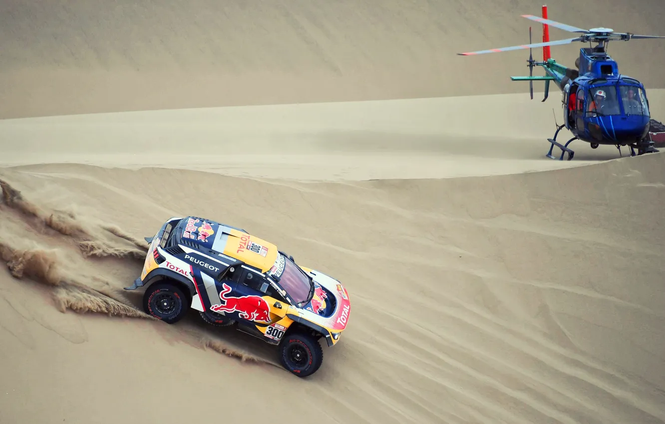 Photo wallpaper Sand, Auto, Sport, Machine, Speed, Helicopter, Race, Peugeot