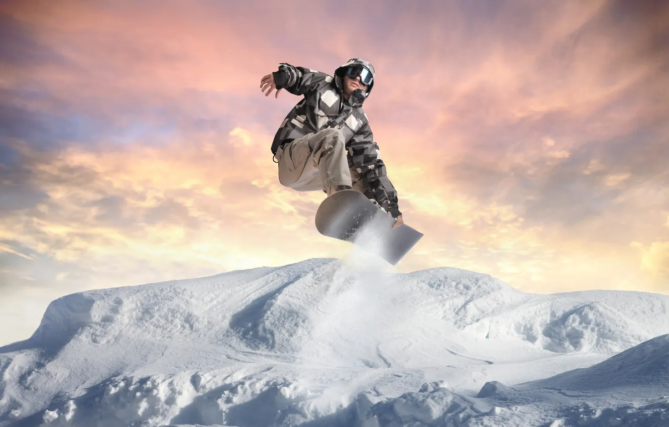 Photo wallpaper snowboard, sunset, winter, Sport, suit, vacation, training