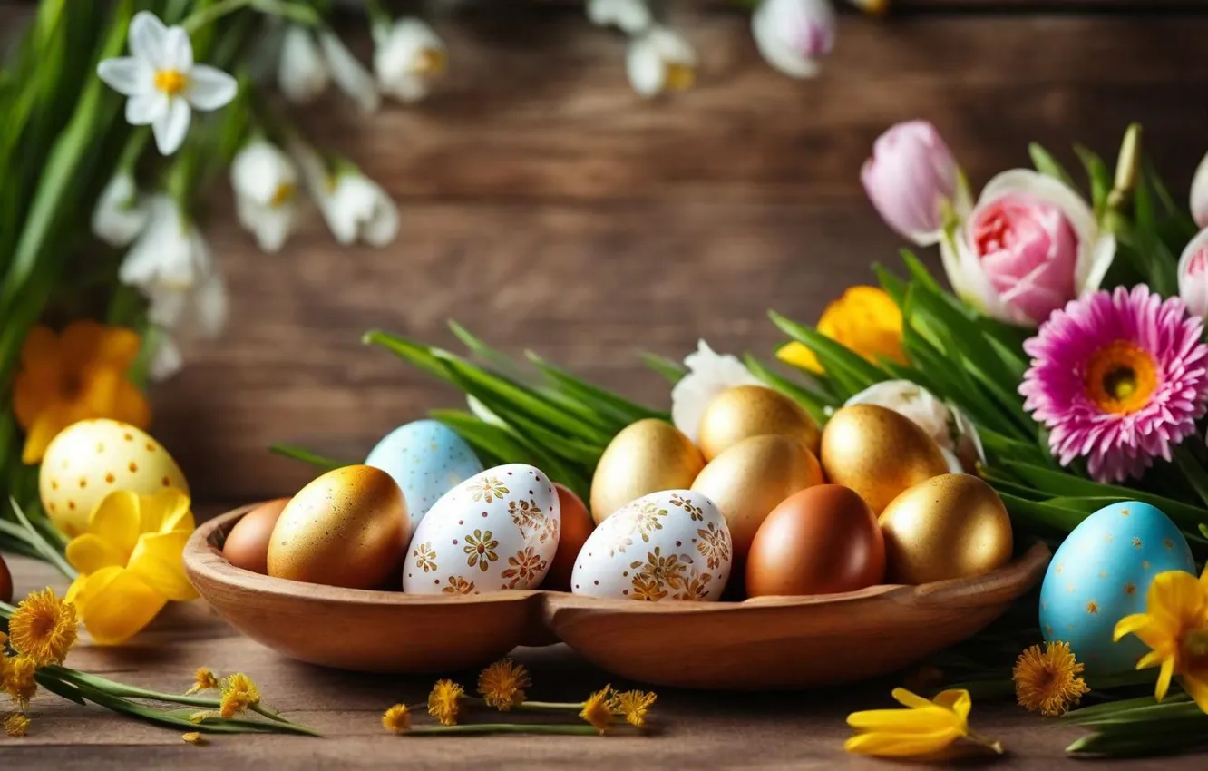 Photo wallpaper flowers, eggs, spring, colorful, Easter, flowers, spring, Easter