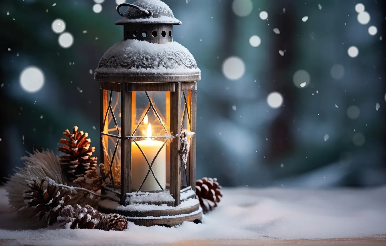 Photo wallpaper winter, snow, night, new year, Christmas, lights, Christmas, night