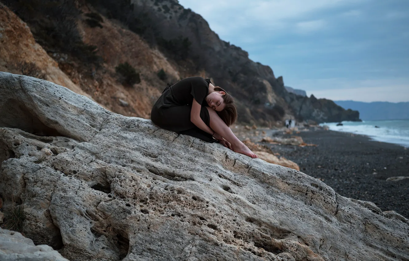 Photo wallpaper sea, girl, nature, pose, rocks, shore, the evening, Aleks Five