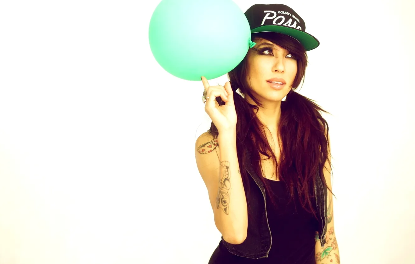 Photo wallpaper white, girl, balls, face, background, hands, brunette, ring