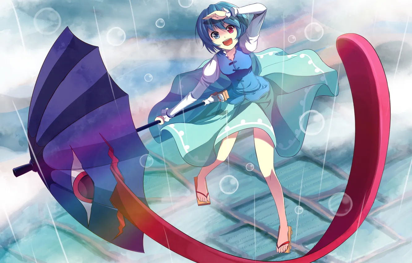 Photo wallpaper look, girl, joy, rain, umbrella, touhou, art, Shine bell