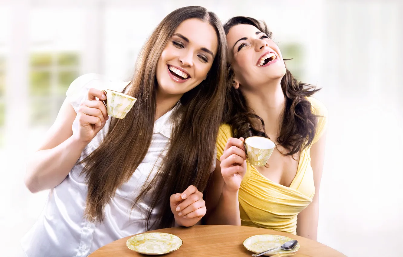 Photo wallpaper table, girls, laughter, the tea party, Cup, spoon, friend, brown-haired women