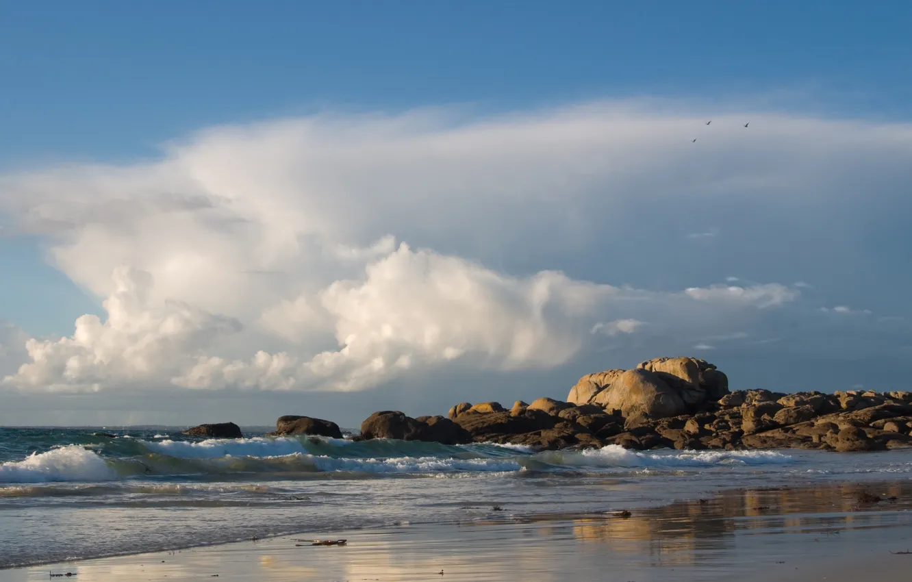 Photo wallpaper sea, wave, beach, the sky, clouds, stones