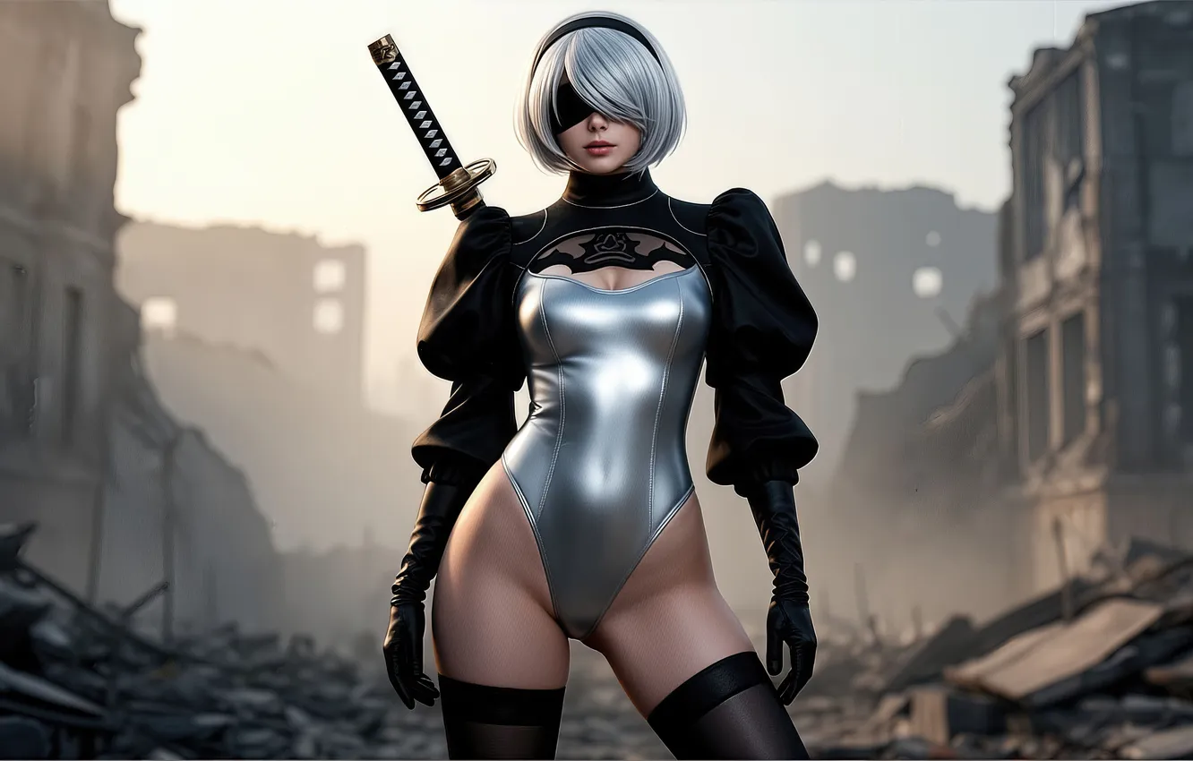 Photo wallpaper background, katana, ruins, Character, 2B Nier Automata