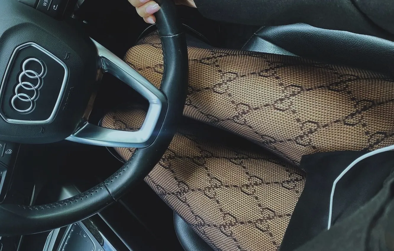 Photo wallpaper auto, girl, Audi, feet, the wheel, tights, slender legs