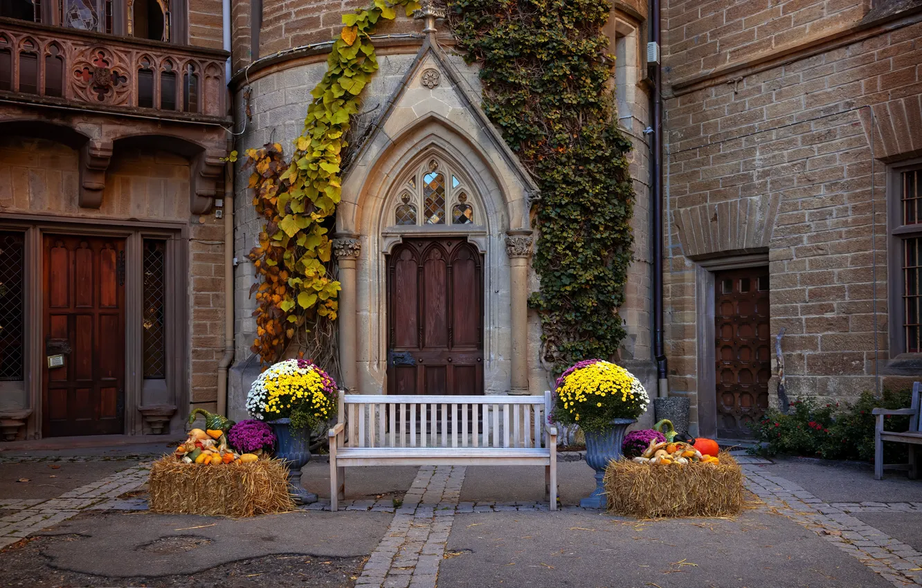 Photo wallpaper photo, Design, The city, Germany, Bench, Castle, The door, Hohenzollern castle