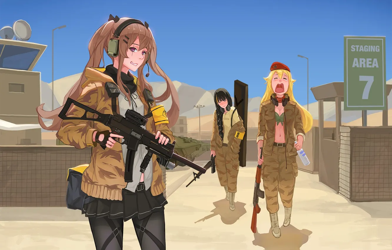 Photo wallpaper gun, game, weapon, anime, sand, AK-47, rifle, tank