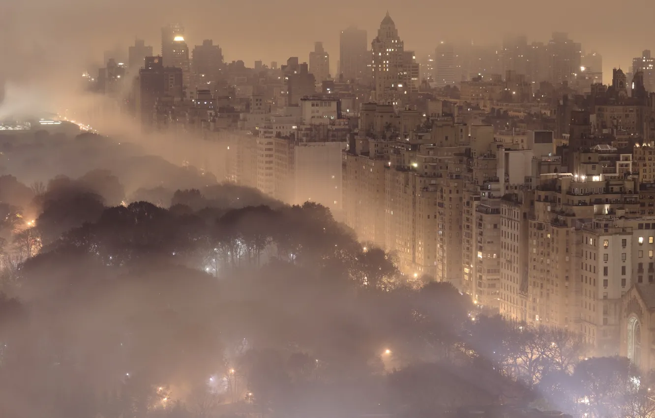 Photo wallpaper landscape, night, the city, lights, fog, building, New York, New York