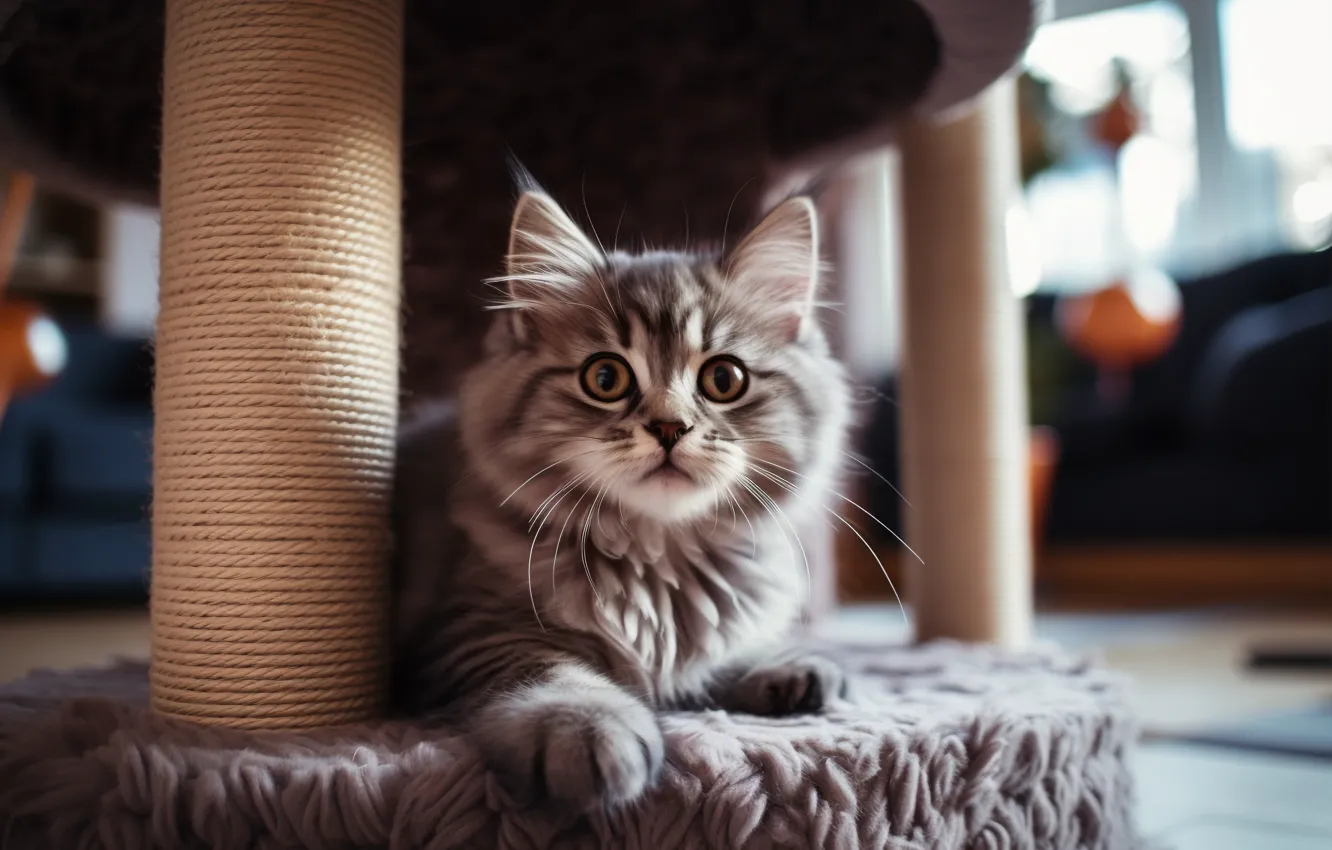 Photo wallpaper cat, look, pose, grey, rope, fur, kitty, face