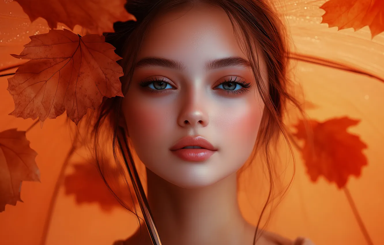 Photo wallpaper autumn, look, girl, face, pose, portrait, umbrella, makeup