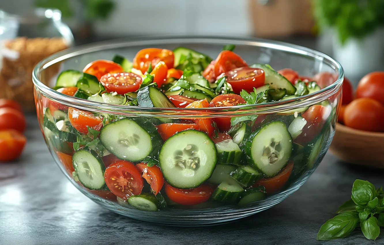 Photo wallpaper bowl, tomatoes, fresh, cucumbers, salad, AI art, neural network