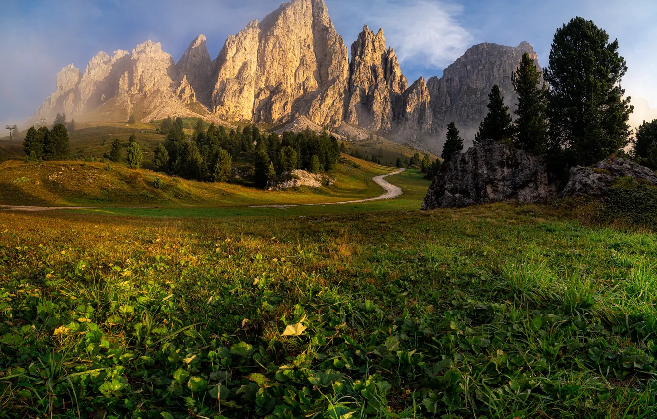 Photo wallpaper road, mountains, fog, morning, Italy, meadows, South Tyrol, The Dolomites