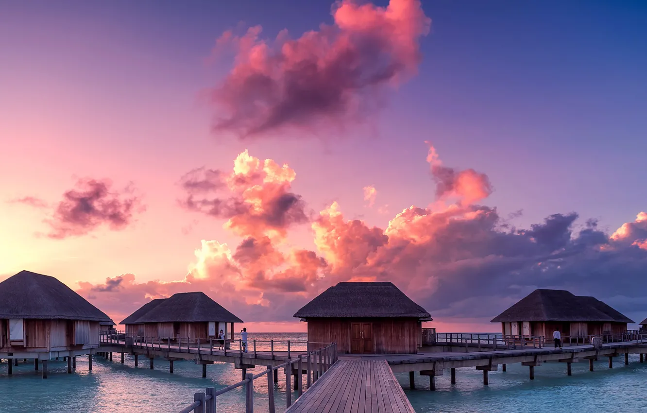 Photo wallpaper sea, the sky, clouds, sunset, tropics, horizon, The Maldives, Bungalow