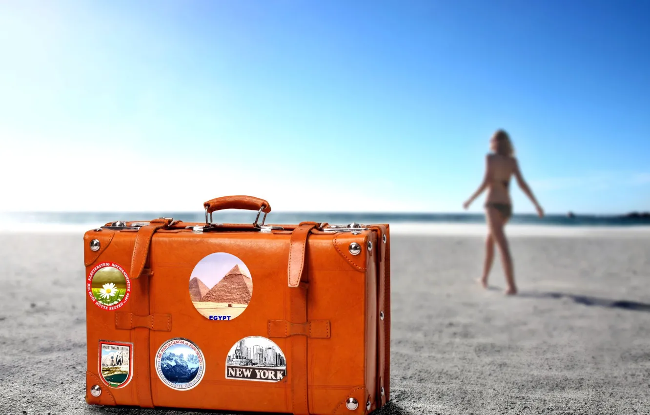 Photo wallpaper suitcase, journey, BEACH, GIRL, HORIZON, SAND, COLOR, RESORT