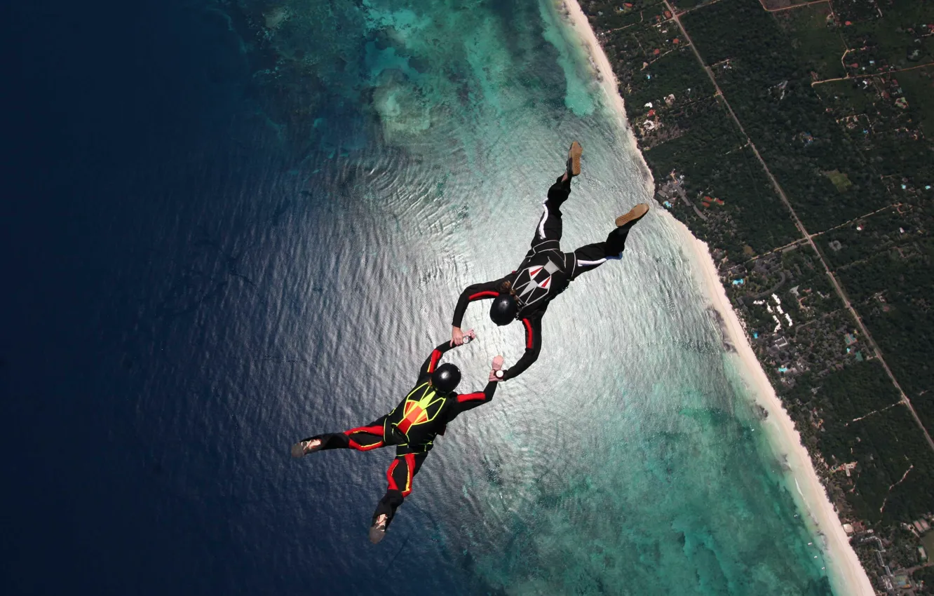 Photo wallpaper beach, reef, skydivers, extreme sports, parachuting, formation skydiving, 2-way FS