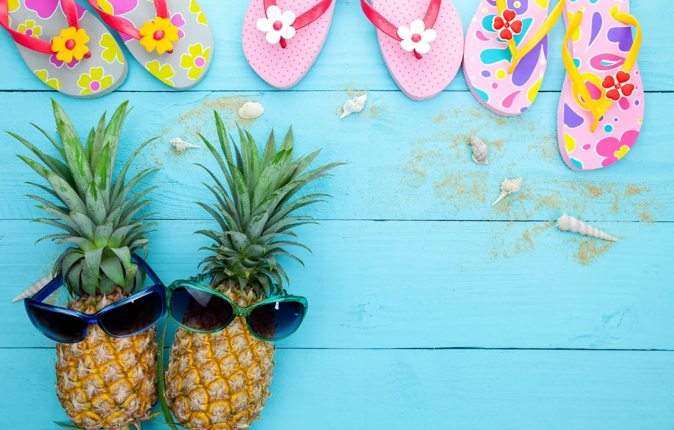 Photo wallpaper sand, summer, stay, glasses, shell, summer, pineapple, beach