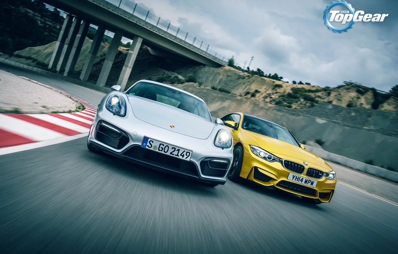 Photo wallpaper Porsche, BMW, Cayman, Top Gear, Speed, Yellow, Supercars, GTS