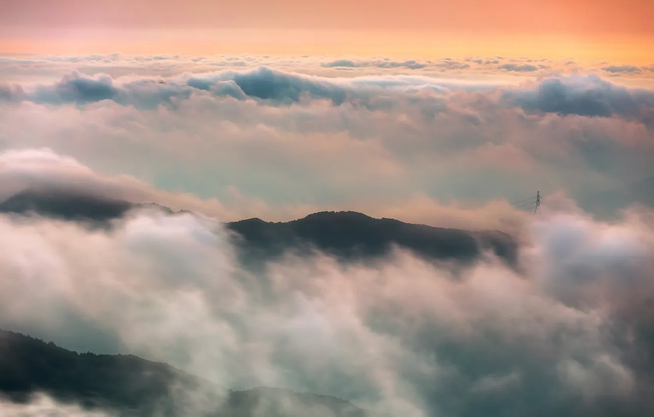 Photo wallpaper the sky, clouds, landscape, sunset, mountains, nature, fog, horizon