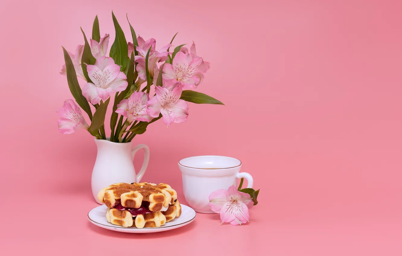 Photo wallpaper flowers, coffee, waffles, alstomeria