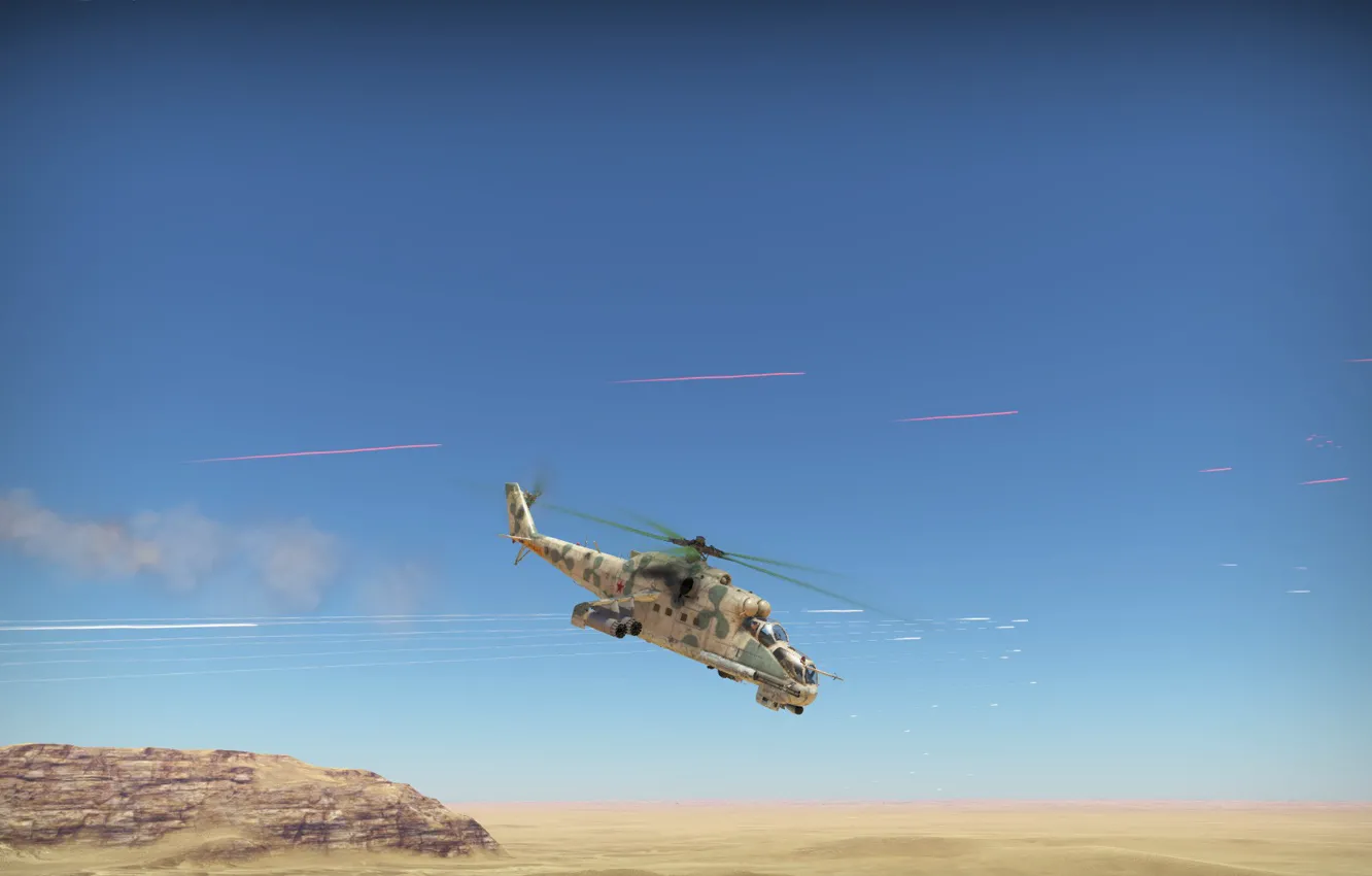 Photo wallpaper Desert, Helicopter, Mi-24, War thunder, Tracers