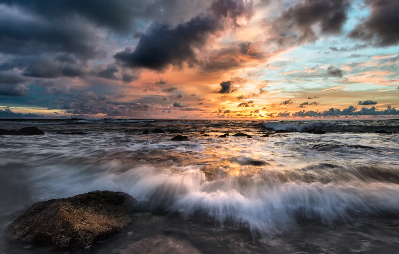 Photo wallpaper sea, wave, water, clouds, sunrise, stones, morning, waves